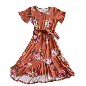 Reborn J Burnt Orange Floral Tie Waist Midi Dress Career Church Modest NWT Sz M